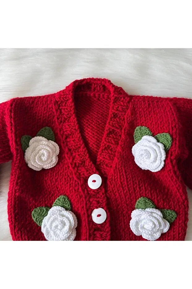 Детский кардиган с цветочным принтом Rose Motif Hand Knitted Baby Home, Red — фото 4