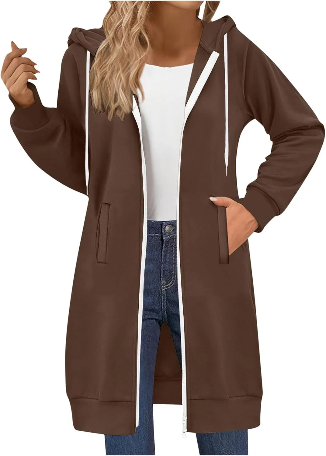 Женское длинное худи с двойной молнией, модель Double Zip, кофейный