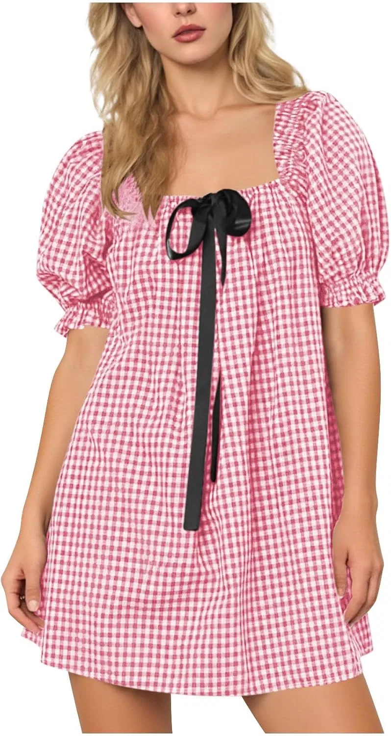 Женское мини-платье babydoll в клетку с пышными рукавами, Pink