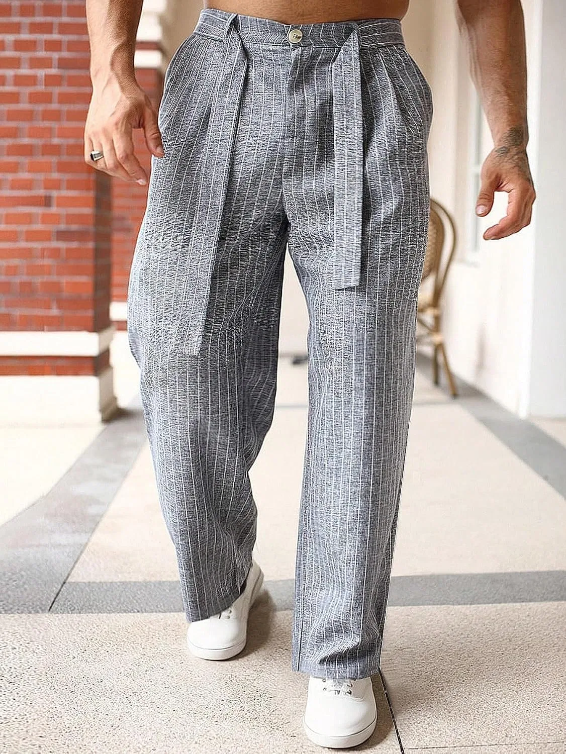Мужские свободные штаны с принтом, Long Drawstring Straight Leg, серый — фото 2