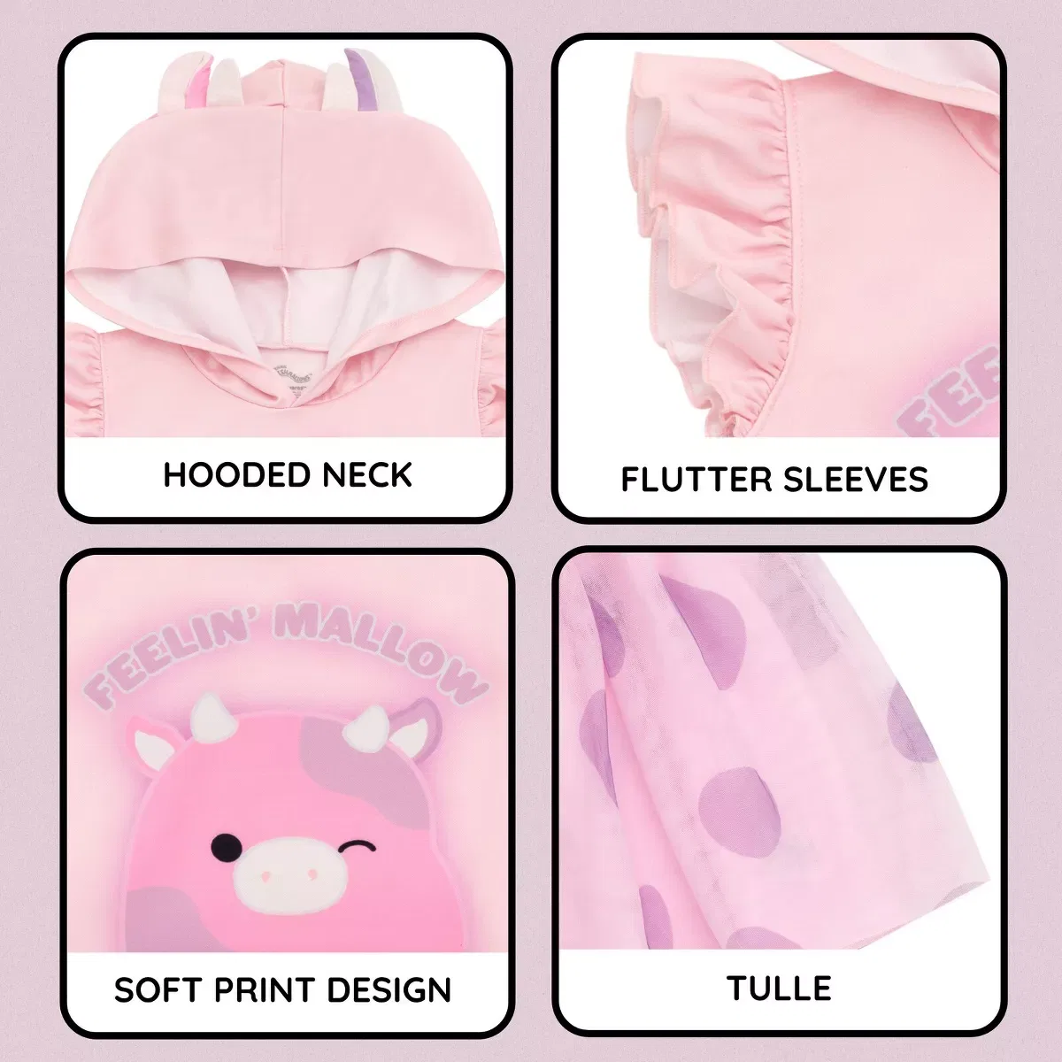 Детское платье для девочек с принтом Squishmallows Patty the Cow Squishmallows, Pink — фото 3