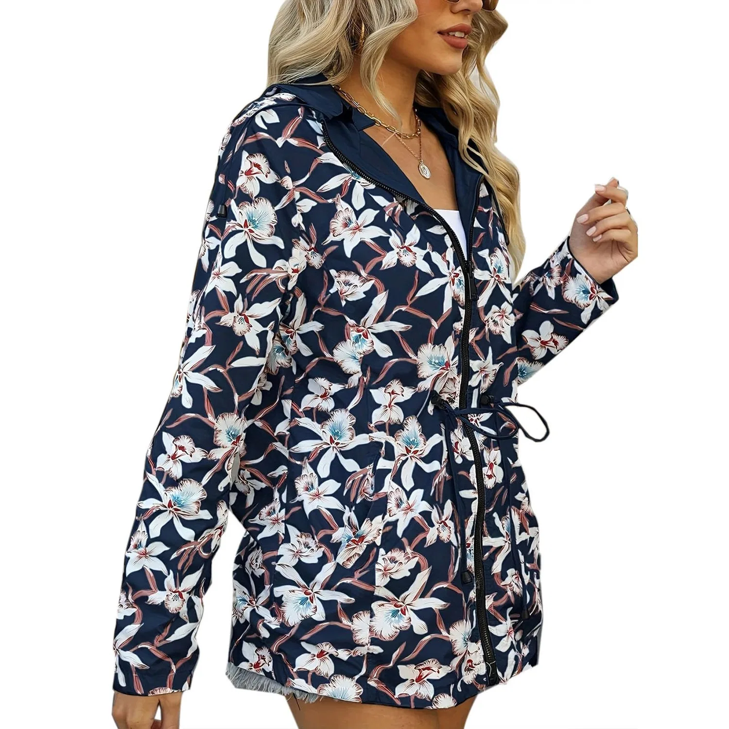 Женская непромокаемая куртка с капюшоном и принтом для холодной погоды, A8 Blu Navy — фото 2