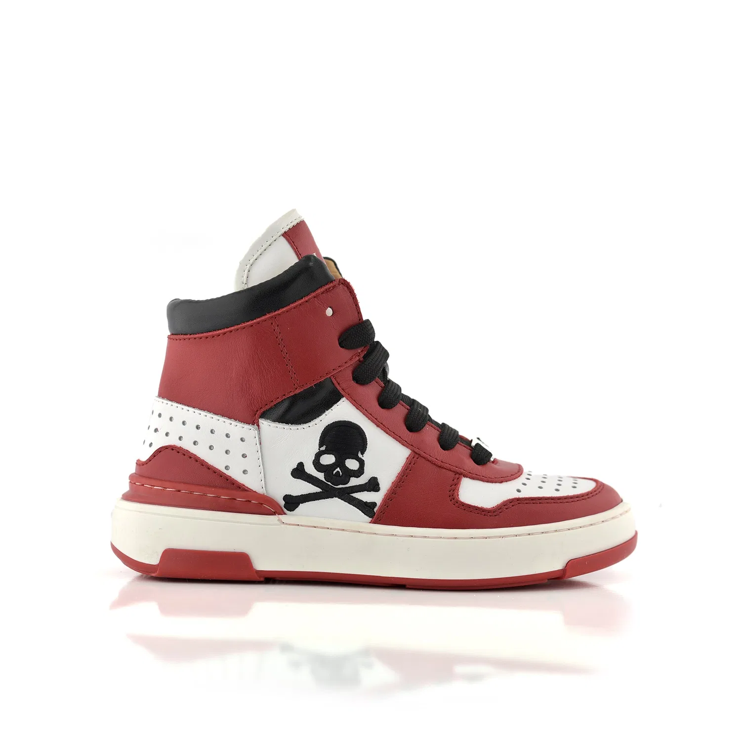 Детские высокие кроссовки из кожи с черепом PHILIPP PLEIN, Red/White — фото 3