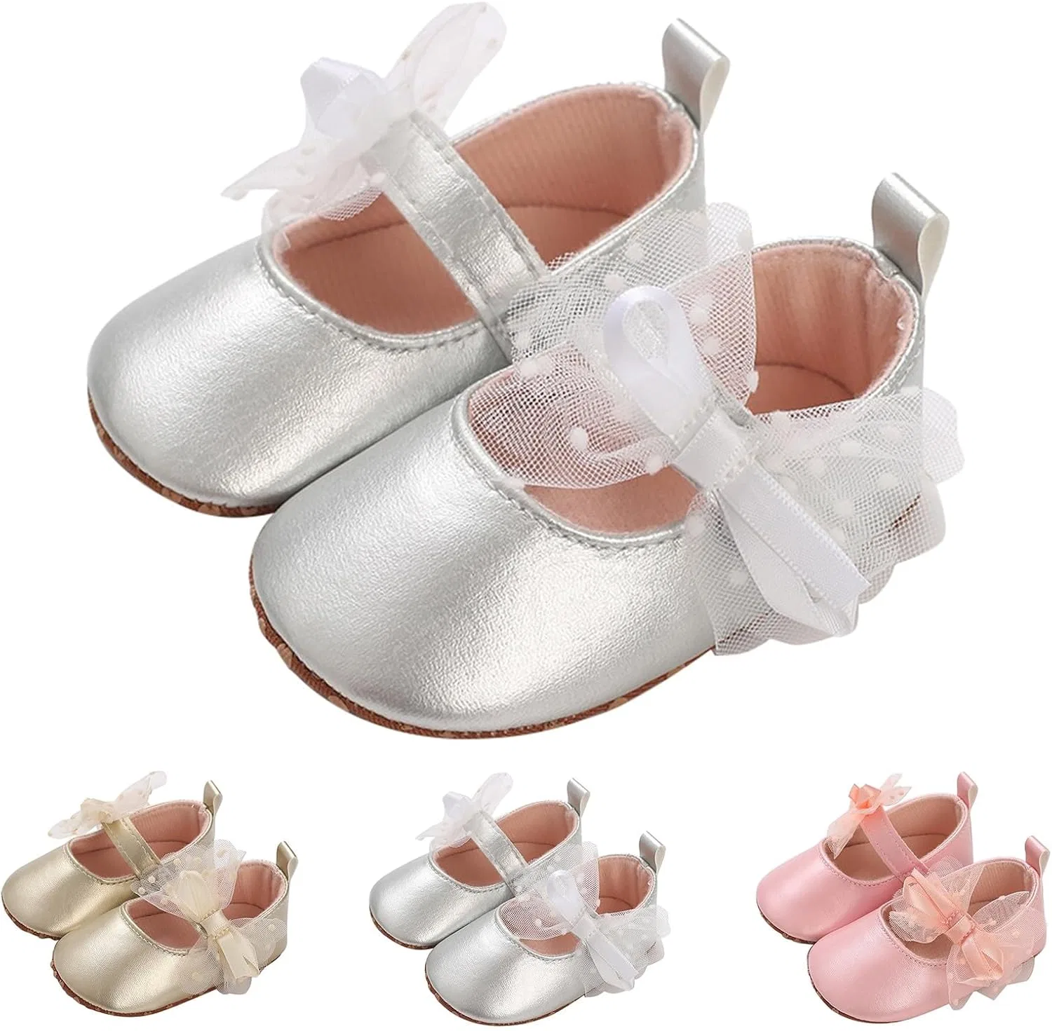 Детские туфли для девочек с бантом Princess Shoes, Silver — фото 3