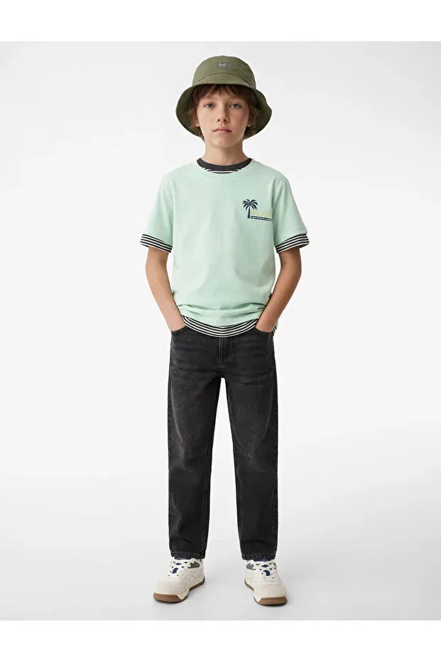 Детская футболка для мальчиков с коротким рукавом Palm Printed Short Sleeve Crew Neck Cotton T-Shirt Koton, Green — фото 2