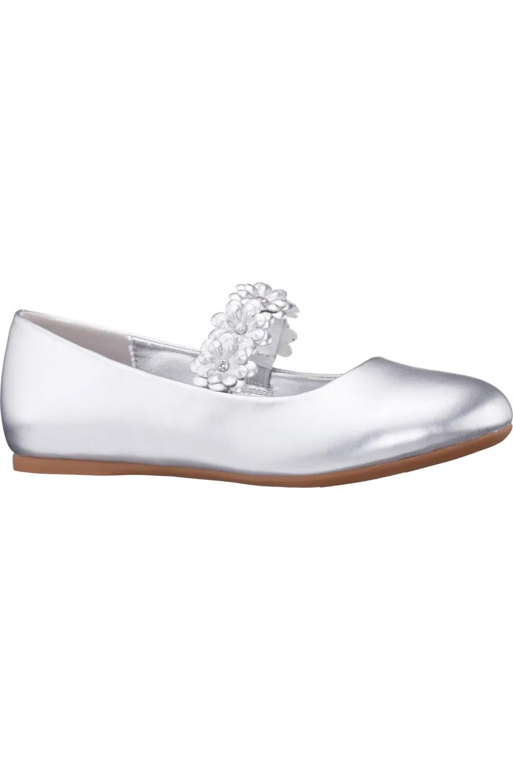 Детские балетки с цветочными аппликациями на ремешке Rozy Nina, Silver Metallic