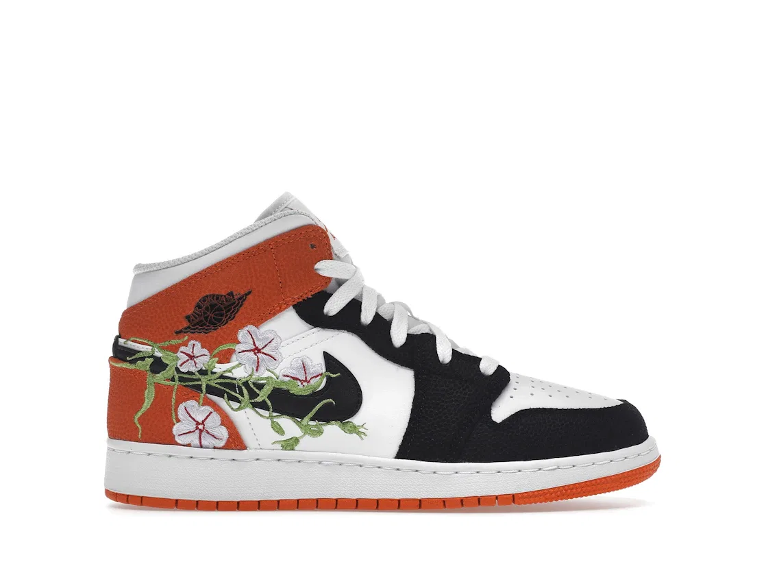 Детские кроссовки с цветочным принтом Jordan 1 Mid SE Basketball Blossom Jordan, White/Black/Starfish/Vivid Green/Lavender Mist/Altitude Green