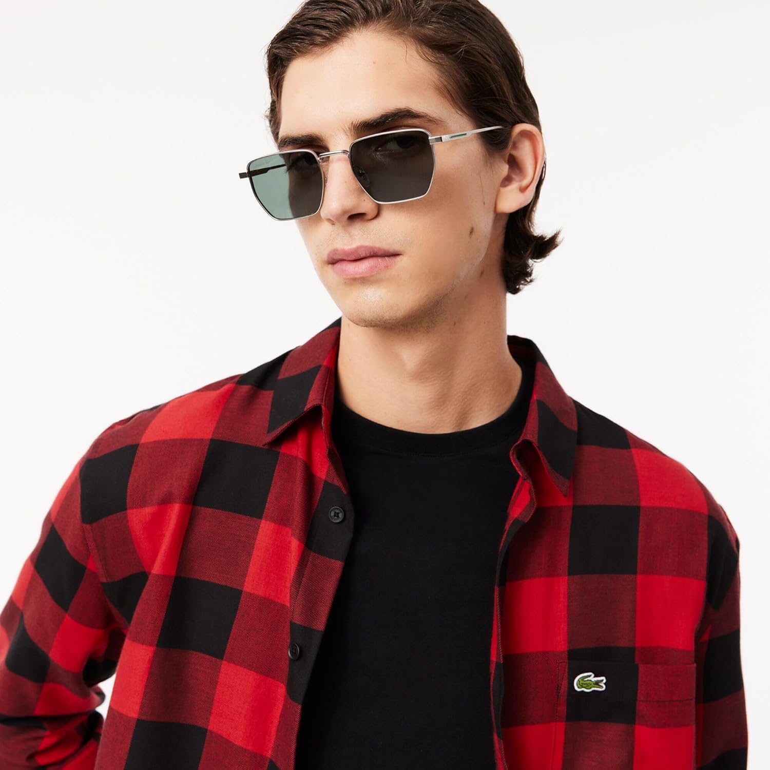 Lacoste мужская длинная рубашка в клетку Gingham на пуговицах, Black/Red — фото 4