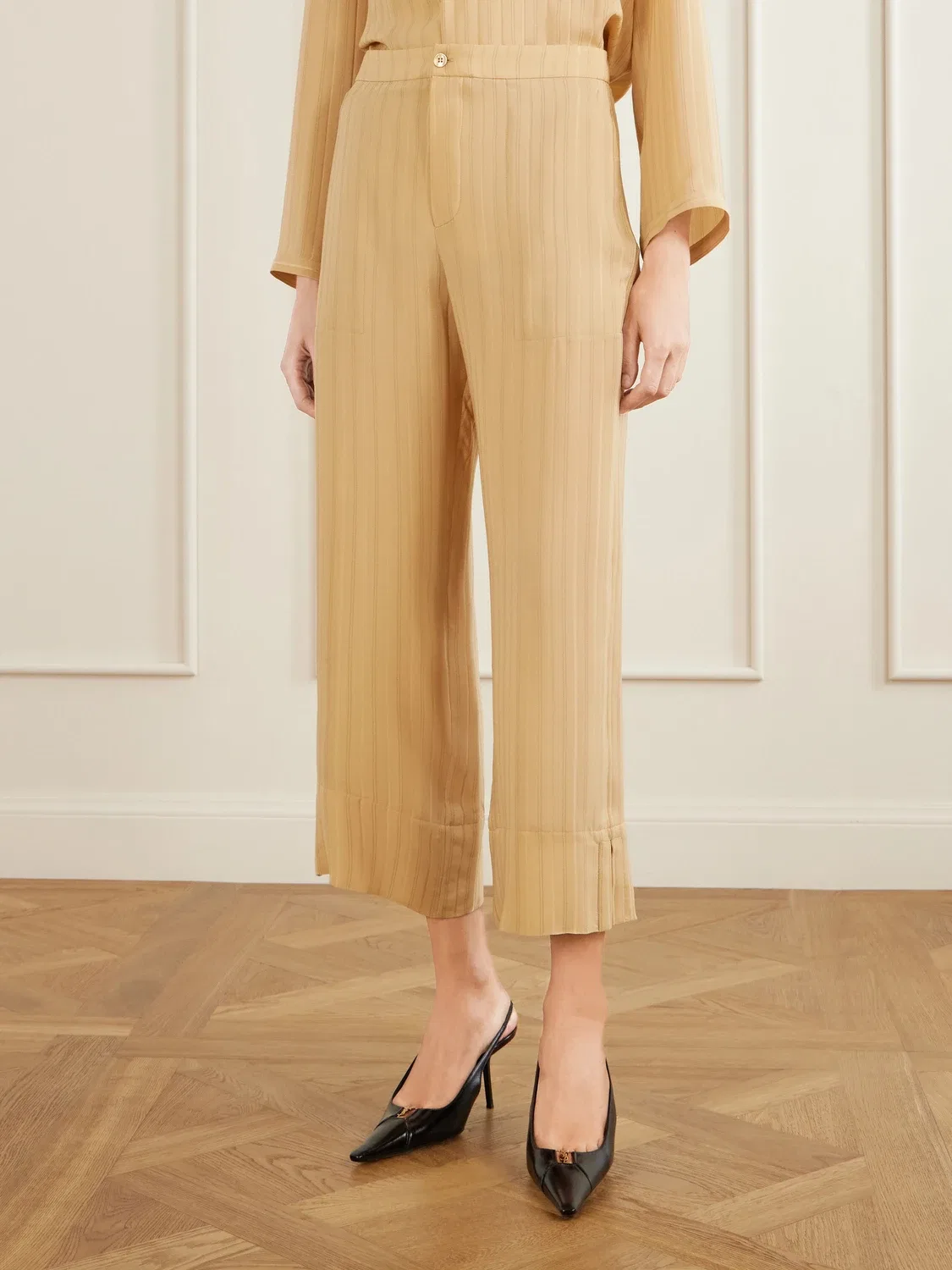 Брюки прямого кроя из полосатого шелка SAINT LAURENT, желтый — фото 3