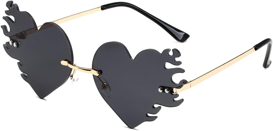 

Солнцезащитные очки JOVAKIT в форме сердца с огненным рисунком для женщин и мужчин, винтажные, без оправы, с огненным рисунком и символикой любви, в стиле ретро, ​​для рейв-вечеринок и Хэллоуина, Gold/Grey
