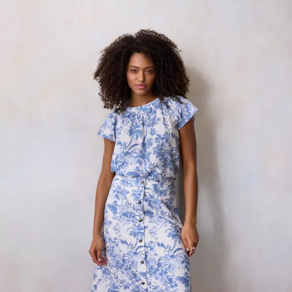 

Женский топ-ракушка с присборенным воротом Lc Lauren Conrad, цвет blue tropical toile