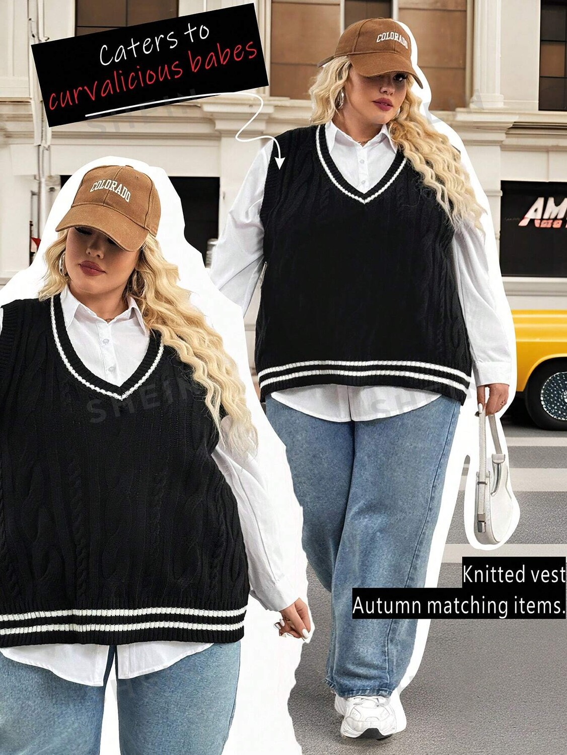 

CURVE+ Полосатый вязаный жилет и юбка без рубашки Shein, черно-белый