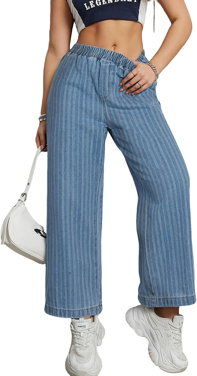 

Loveimgs женские мешковатые джинсы в полоску на резинке с высокой талией