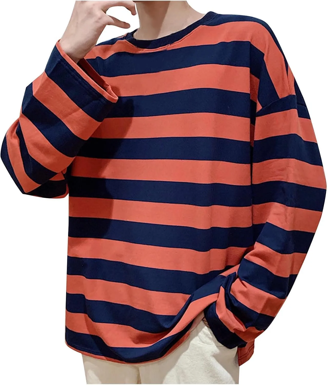 

Футболка с длинным рукавом и полосками для женщин и мужчин Casual Crew Neck hlysgo