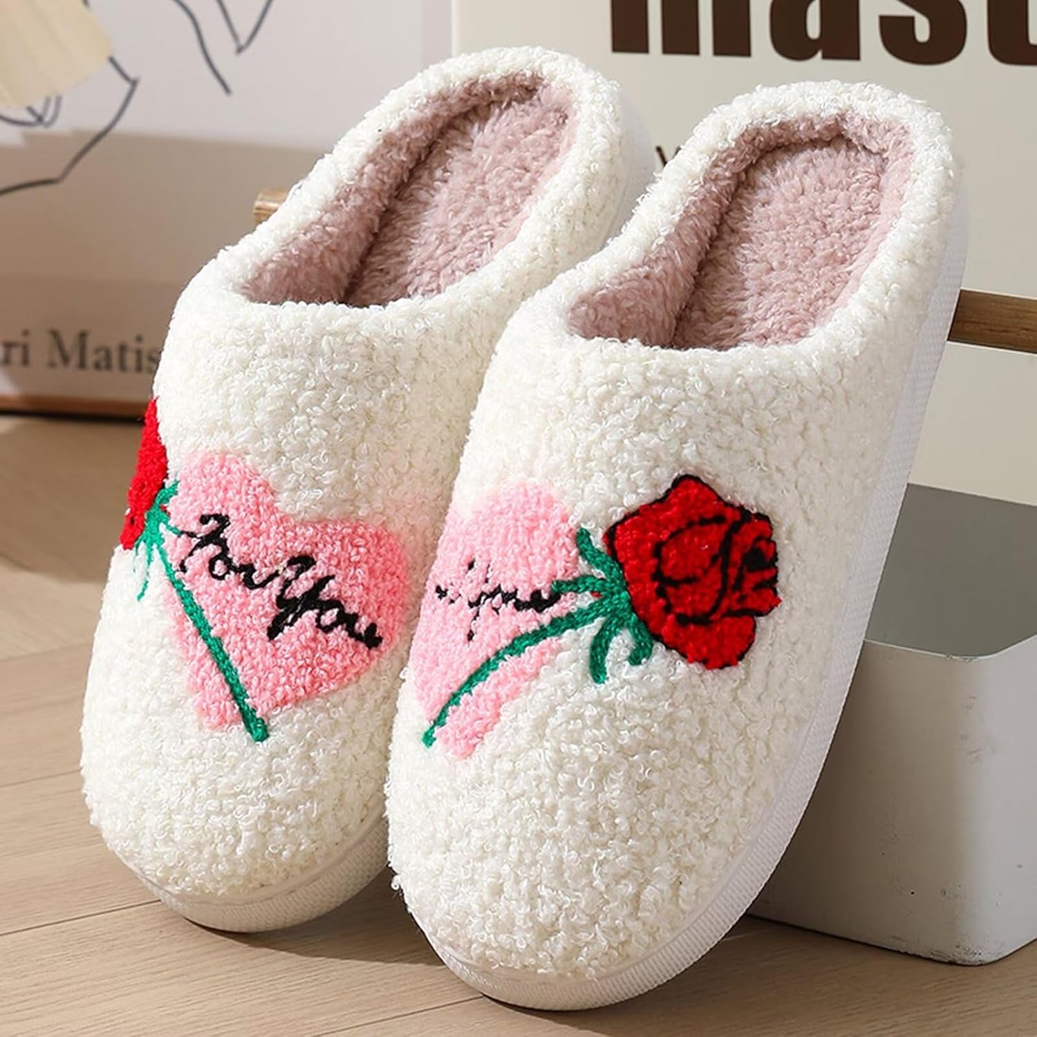 KEYUSHOP Любимые тапочки для женщин и мужчин, пушистые тапочки с сердечком, зимние тапочки для пар, удобные тапочки на слипоне, A — фото 3