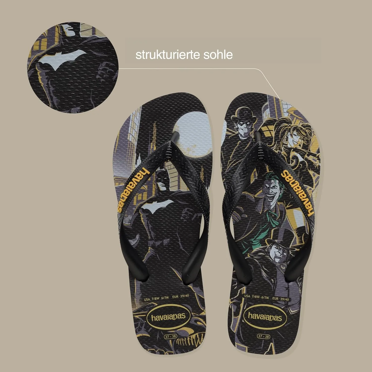 Havaianas - Top Heroes DC, удобные, прочные и легкие шлепанцы с подошвами в стиле героев и злодеев, взрослые размеры, черный/желтый — фото 3