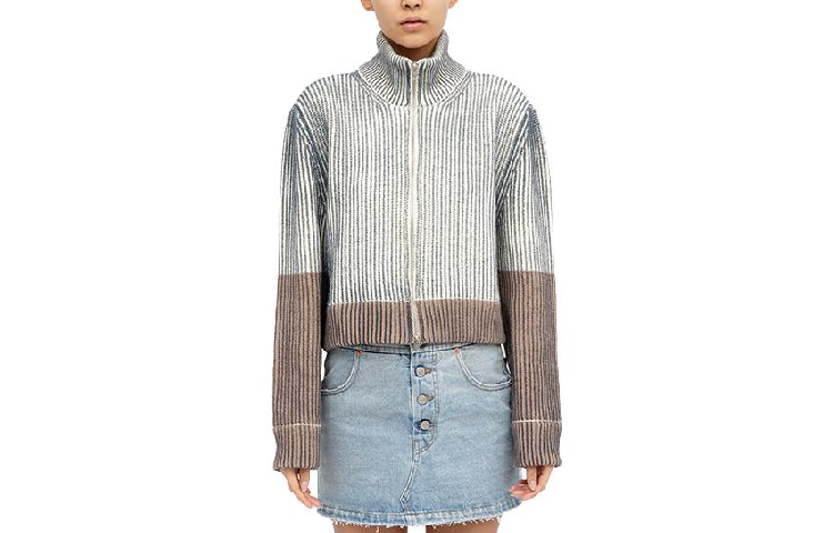 Высокий воротник на молнии вязаный кардиган MM6 Maison Margiela, серый белый — фото 3