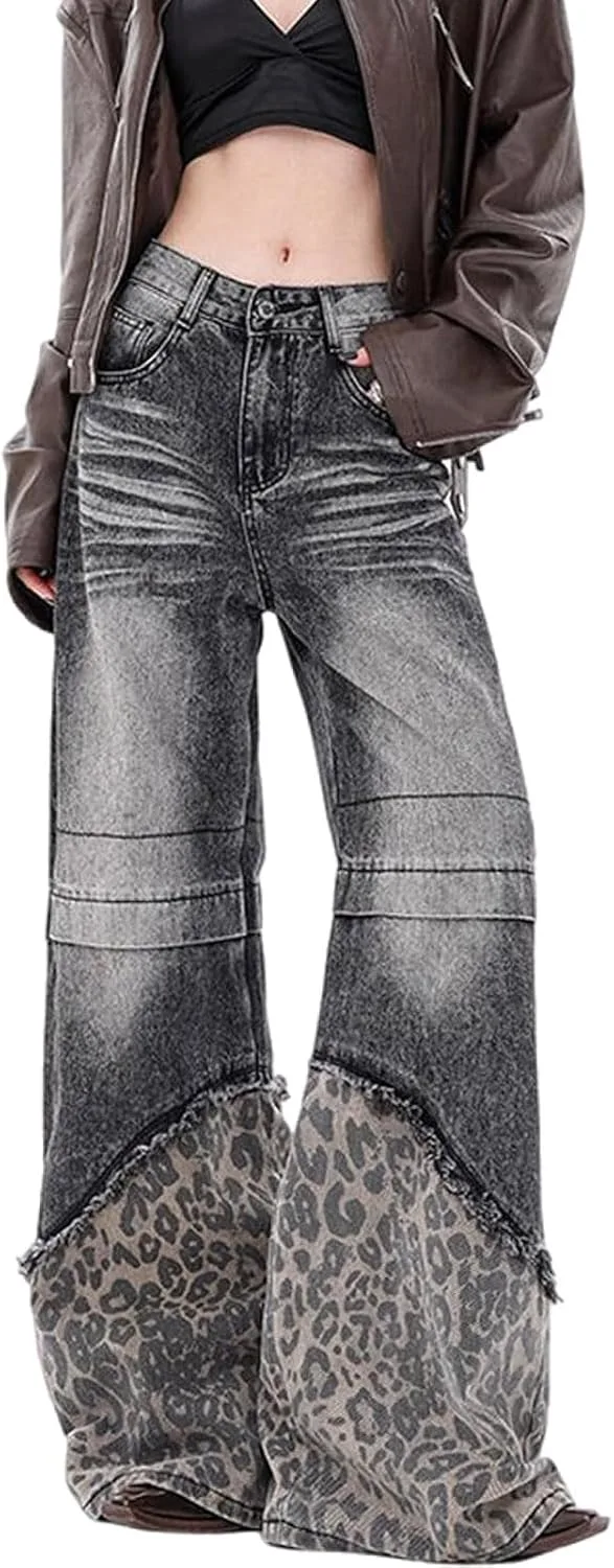 

Мужские и женские джинсы loose leopard patch y2k gothic straight leg wide leg Ethbox