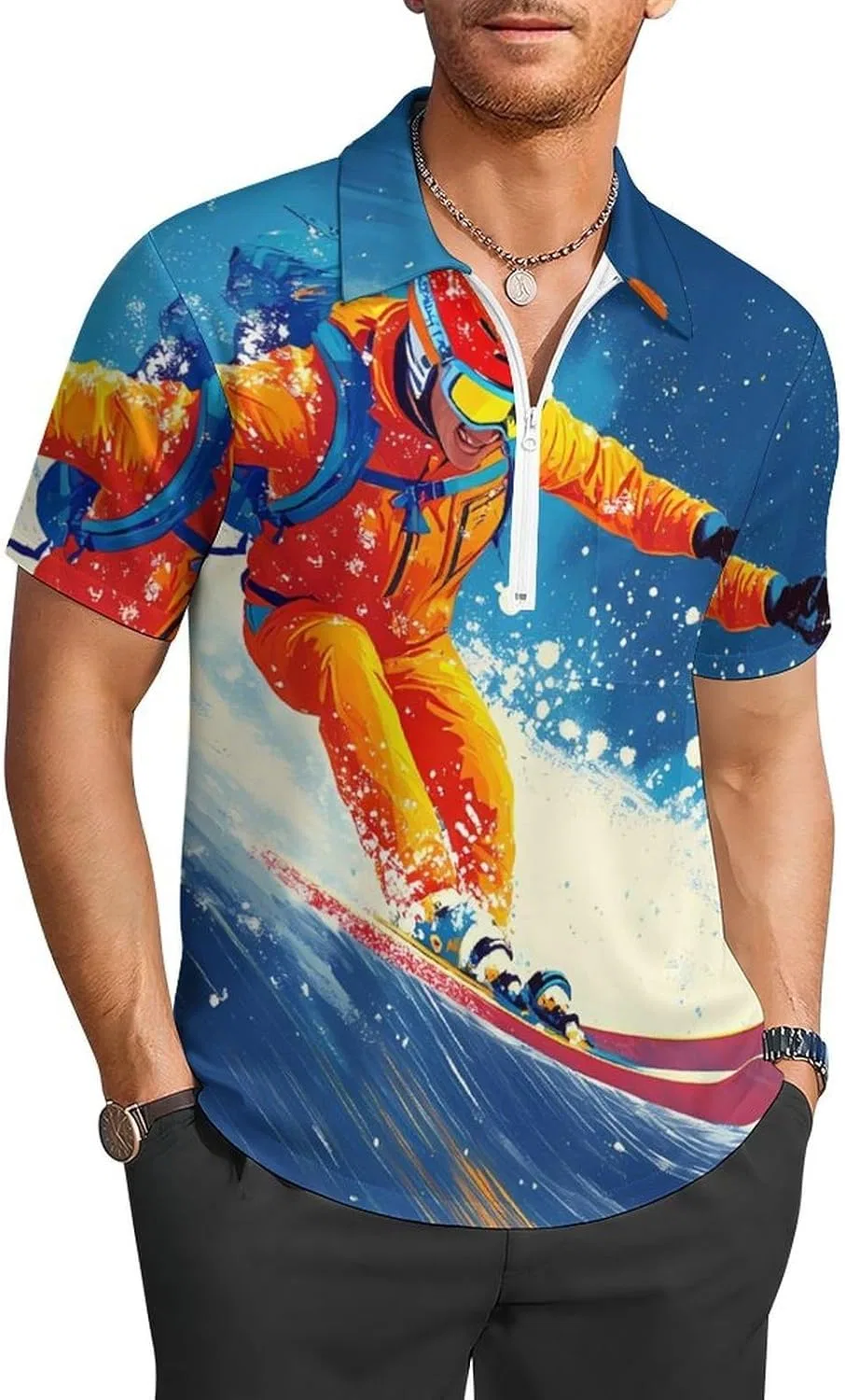 Мужское поло с принтом лыжника, Polyester, Multicolor