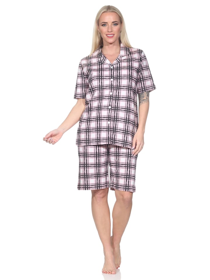 

NORMANN Пижамные шорты с длинными рукавами из трикотажа в клетку, больших размеров, розового цвета