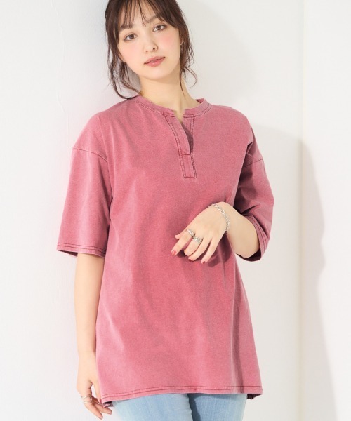 

Туника свободного кроя, 100% хлопок, рукав 5/8, воротник-хенли SMILE LAND, розовый