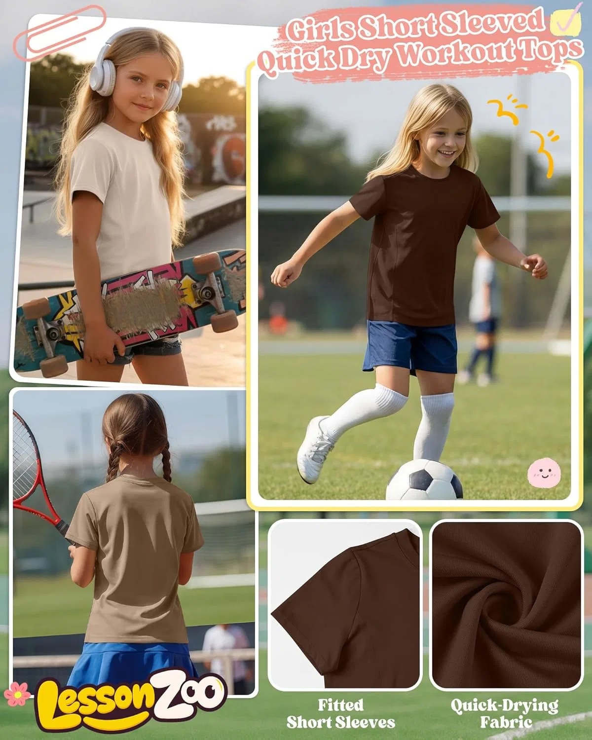 Детские спортивные футболки, быстросохнущие, LessonZoo, набор 4 шт, Light Khaki, Khaki, Brown, Black — фото 4