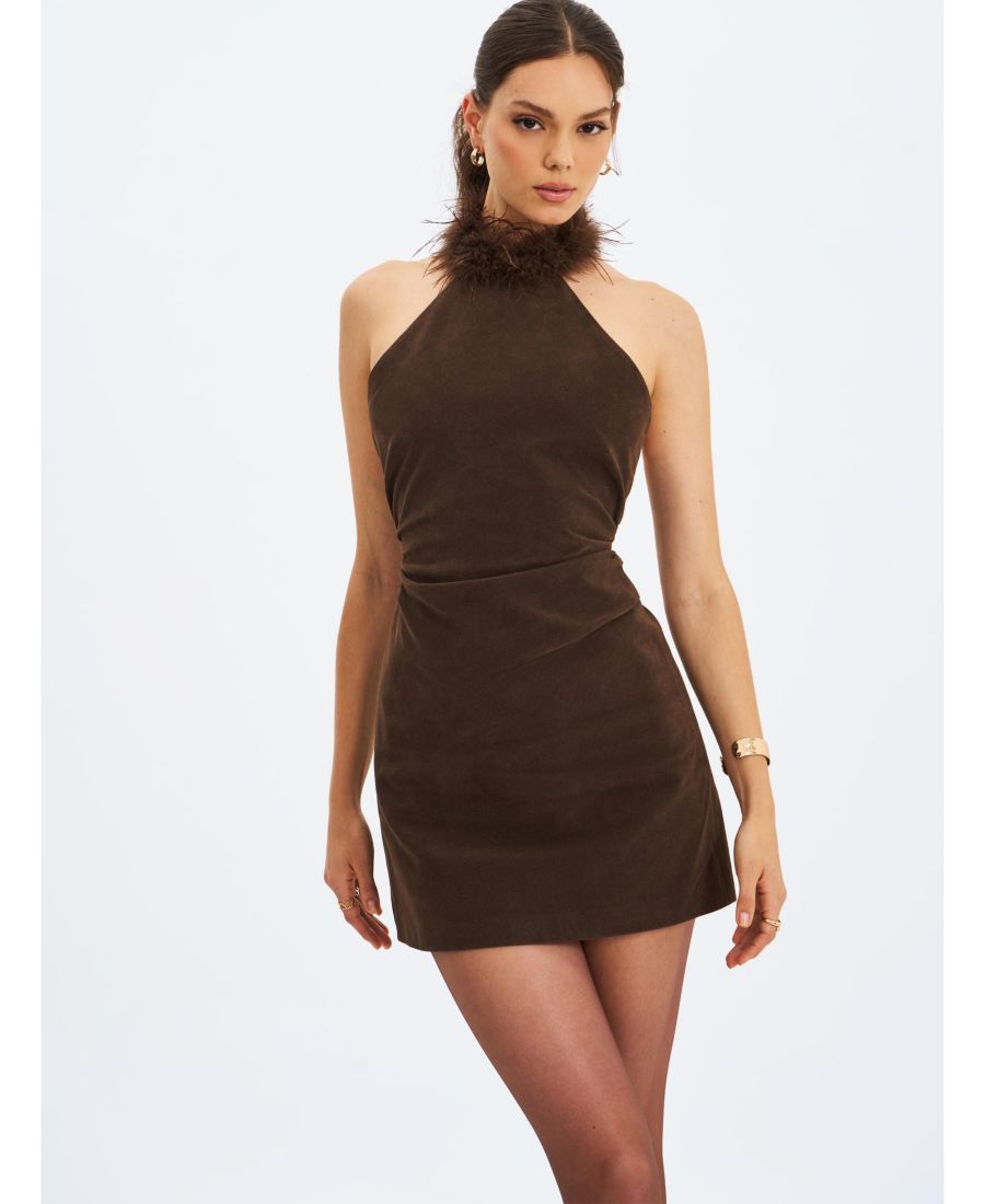 

Женское мини-платье Yael Espresso из замши с искусственным мехом и завязками на шее Miss Circle, Espresso