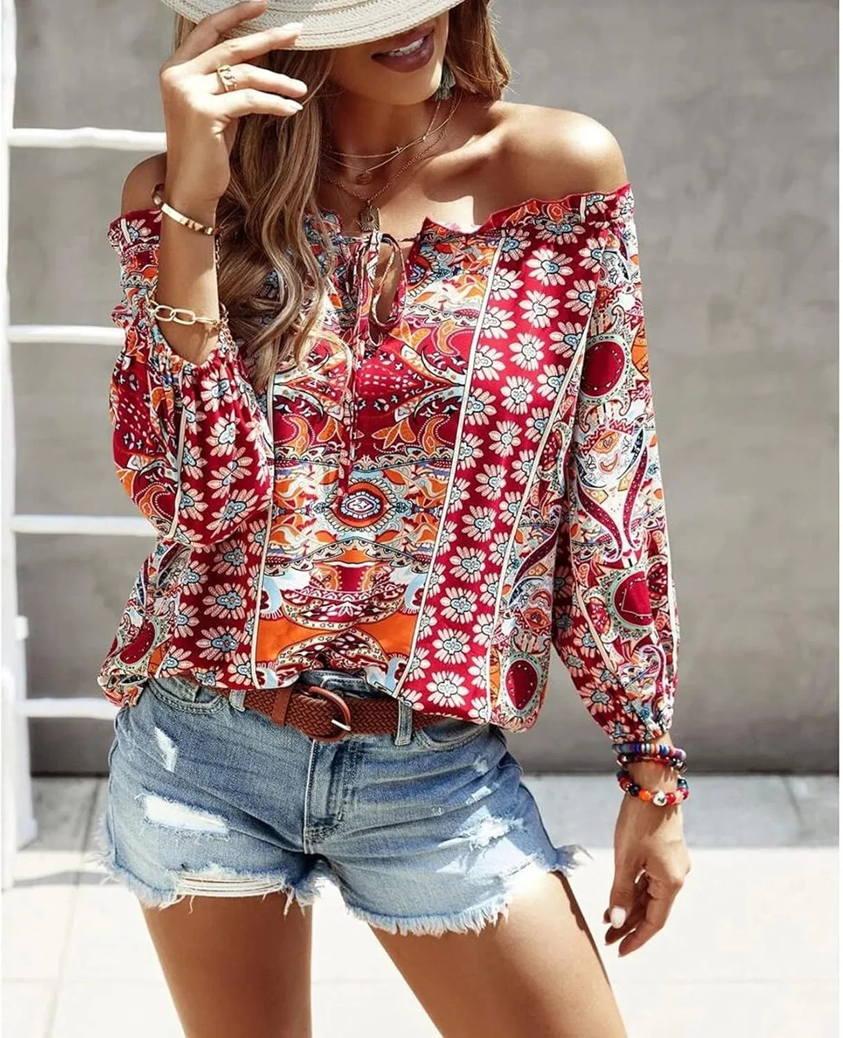 Блуза с цветочным принтом, off shoulder, QREXVOG, красный — фото 4