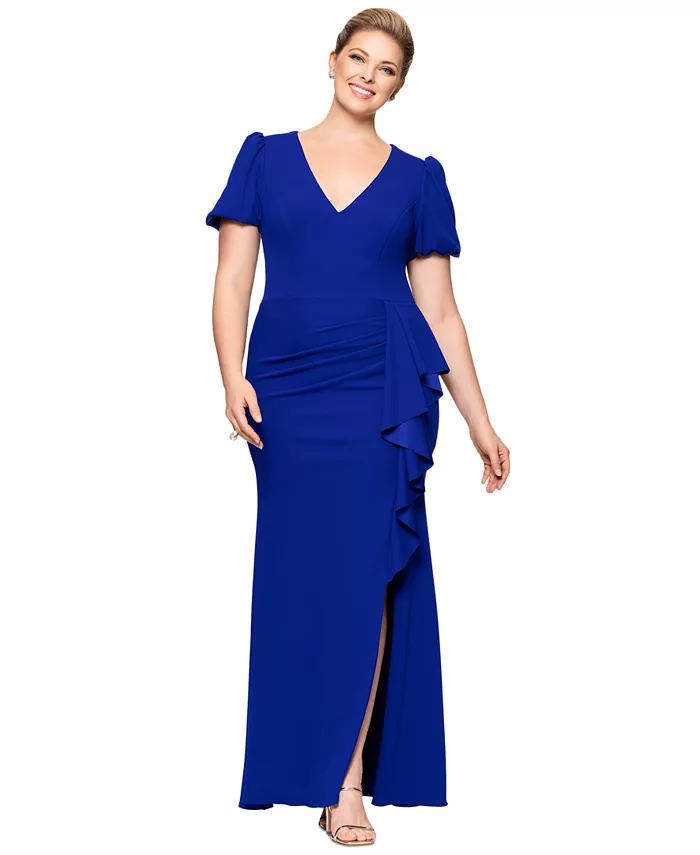 

Платье с пышными рукавами и рюшами Plus Size XSCAPE, синий