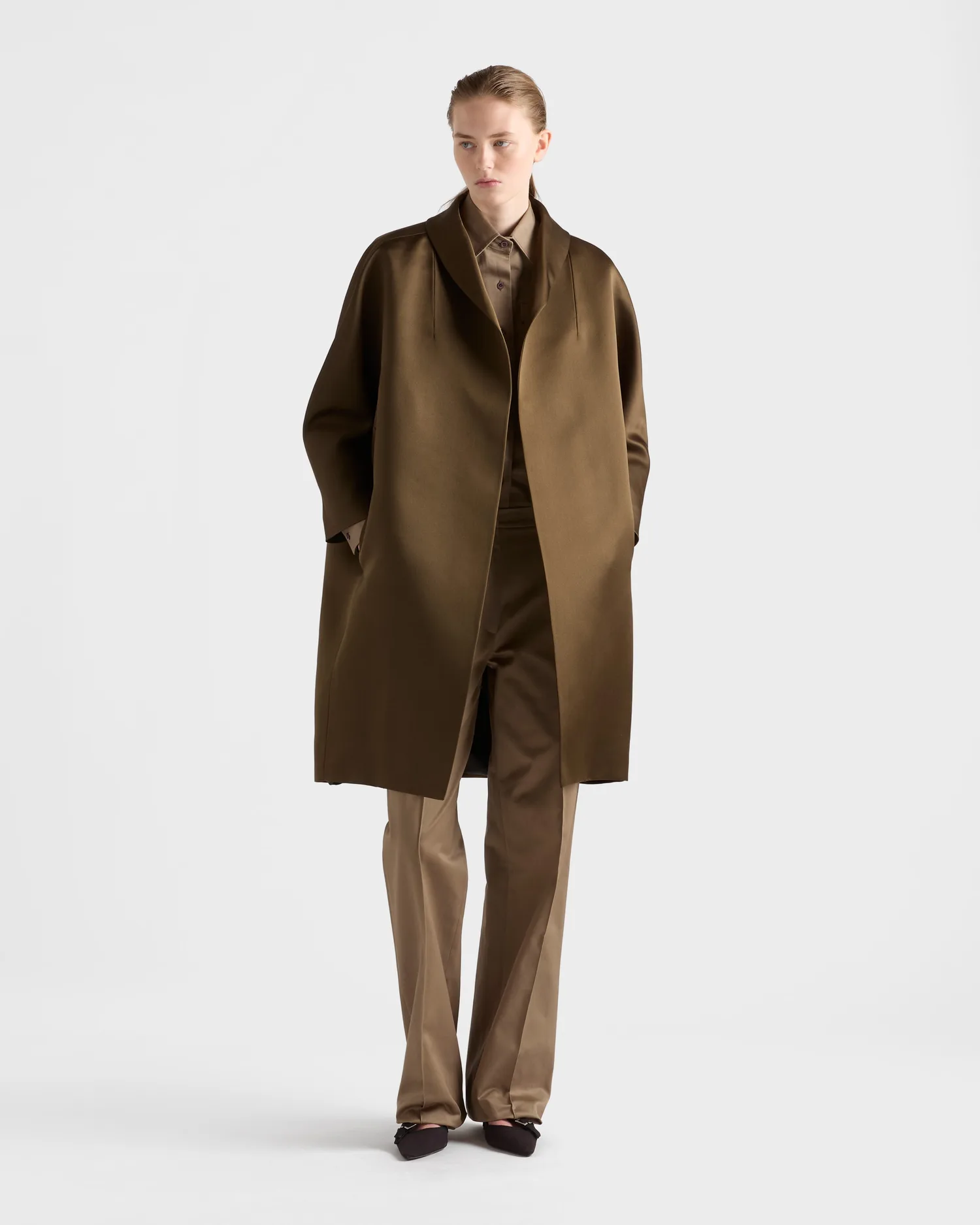 Однобортное пальто из двойного сатина Prada, хаки — фото 2