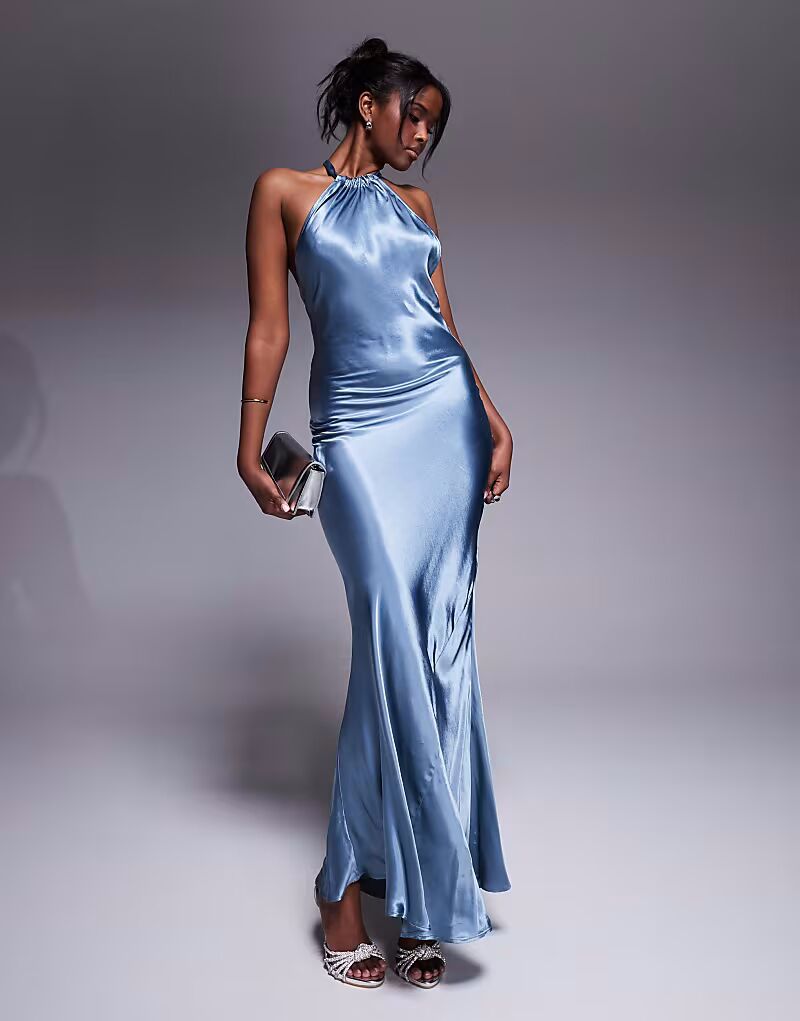 

Длинное платье-комбинация с вырезом халтер синего цвета River Island