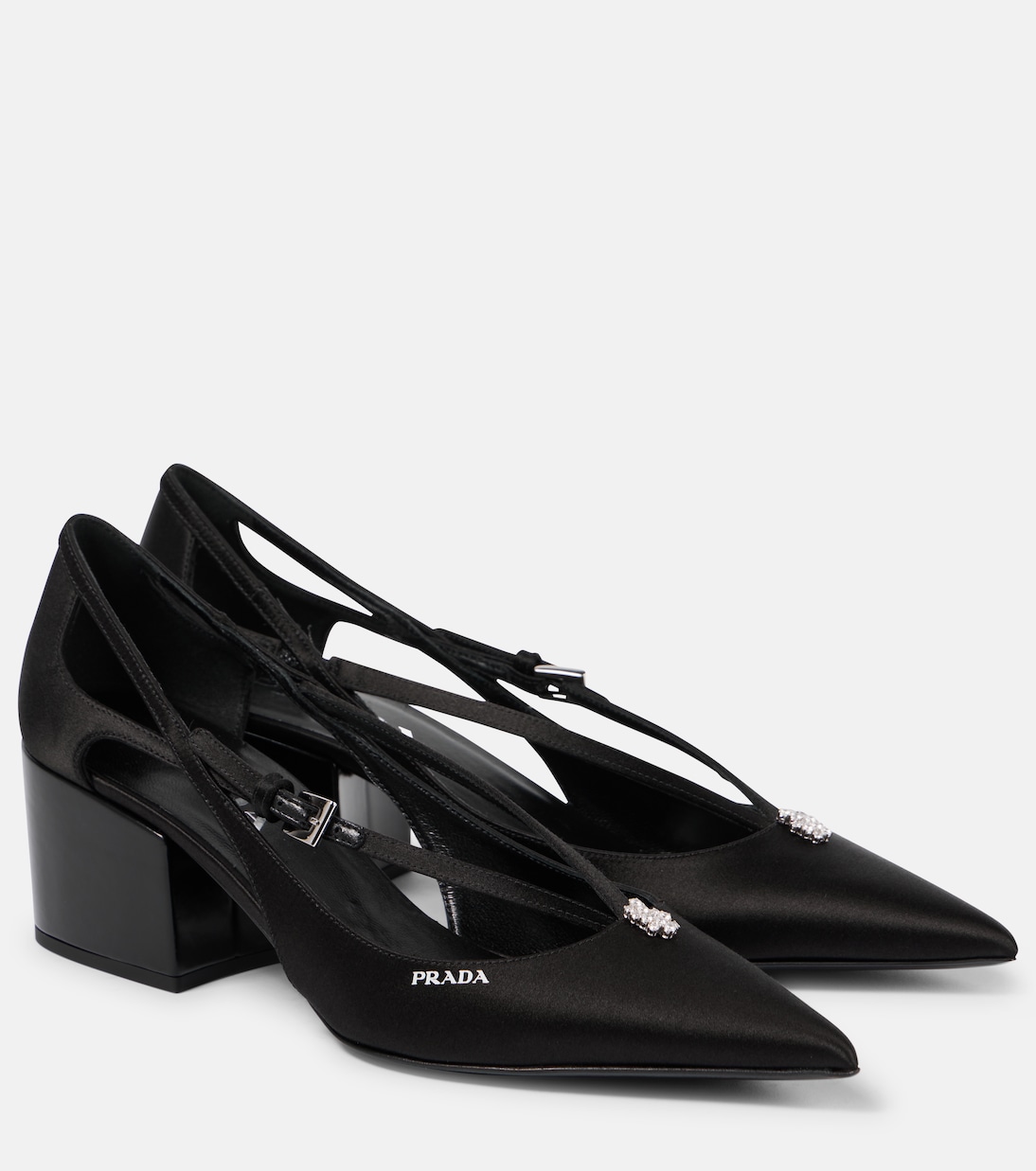 Атласные туфли-лодочки с вырезами и декором Prada, черный