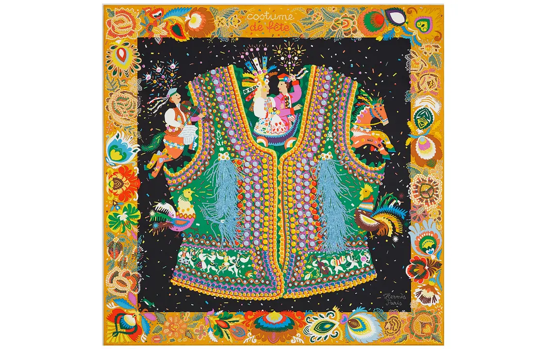 

HERMES Праздничный шелковый платок, Curry Yellow/Black/Green