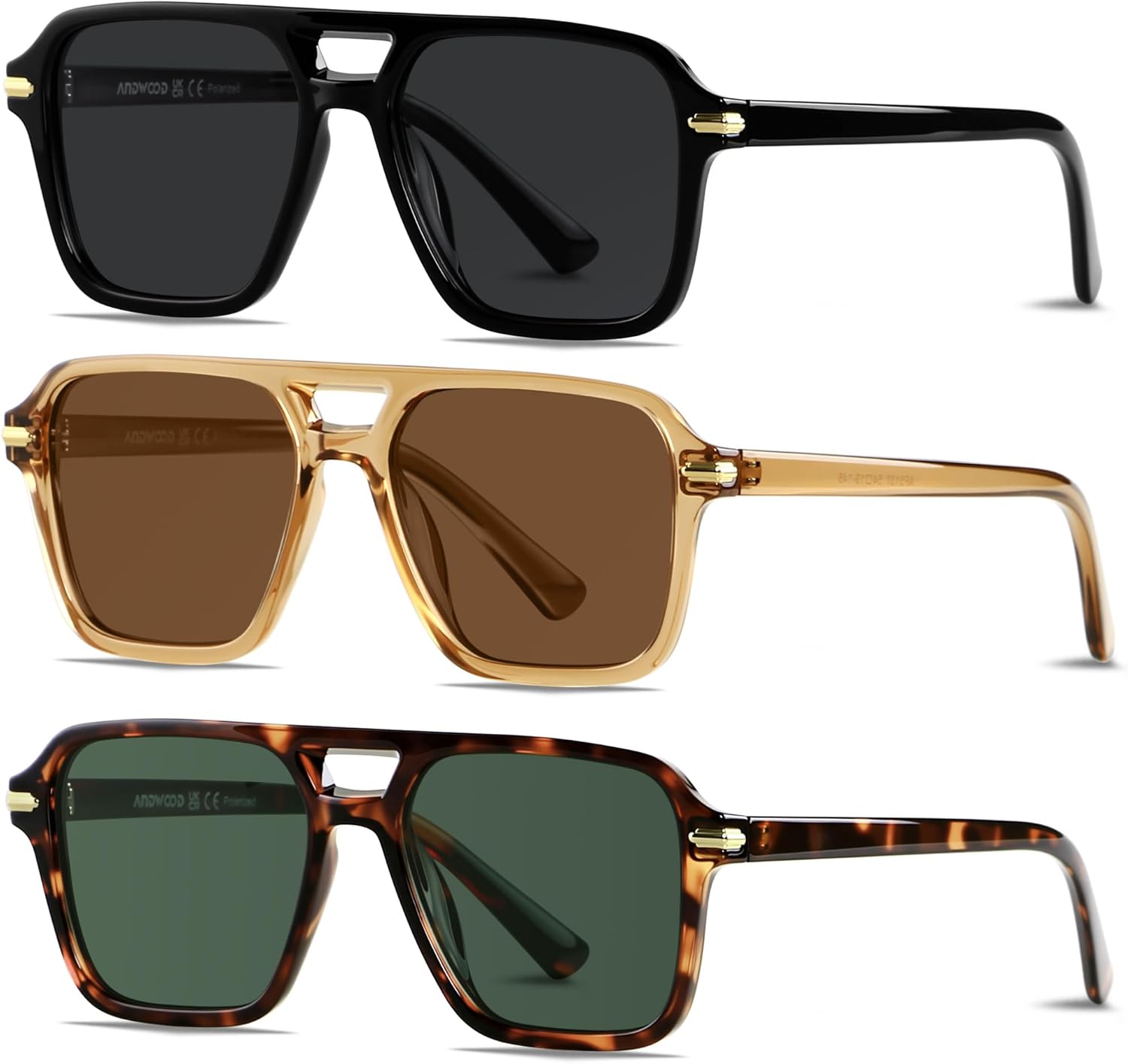 

Поляризованные солнцезащитные очки-авиаторы ANDWOOD для женщин и мужчин в стиле ретро 70-х, 80-х, 90-х годов. Модные квадратные очки-пилоты в винтажном стиле, (3pack) Black + Transparent Brown + Dark Tortoise