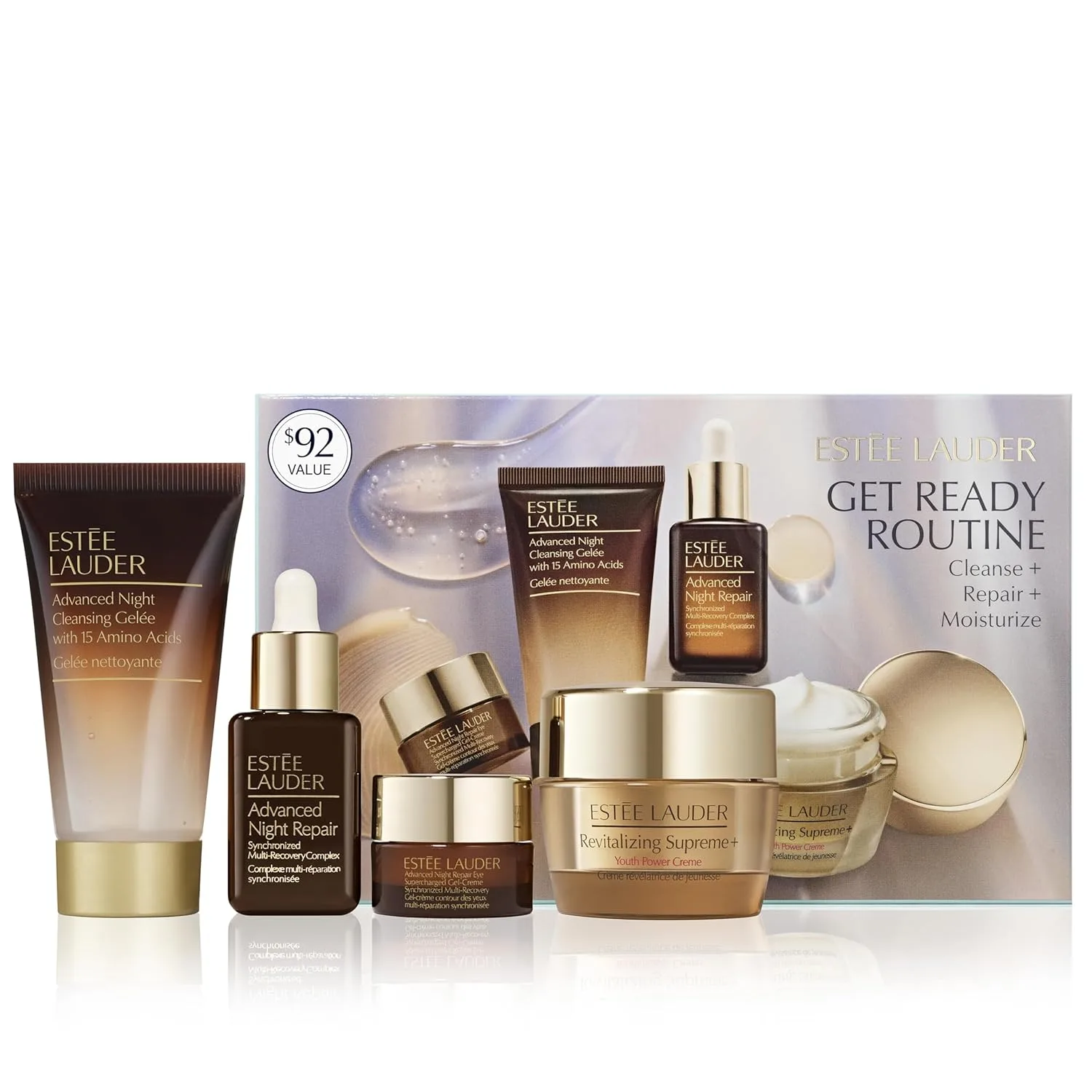 Estée Lauder набор для ухода за кожей Get Ready Routine из 4 предметов | Очищение + Восстановление + Увлажнение | Включает очищающее средство 30 мл, крем для глаз 5 мл, сыворотку для лица 15 мл и увлажняющий крем 7 мл