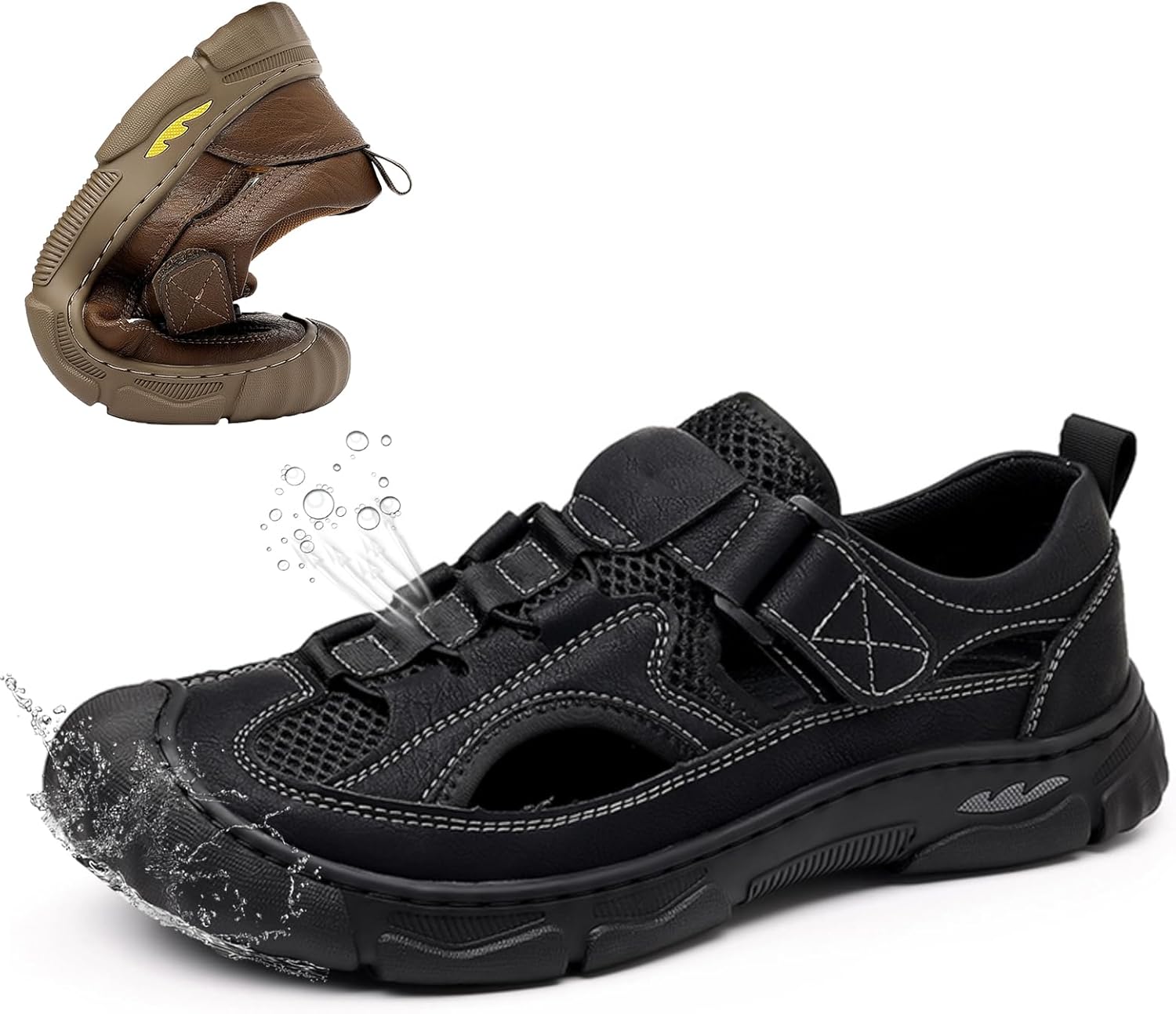 

Мужские кожаные сандалии для хайкинга с перфорацией, регулируемые, дышащие, водонепроницаемые, для пляжа и спорта, повседневные, для путешествий и активного отдыха Generic, черный