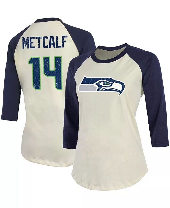 

Женская футболка цвета реглан DK Metcalf Cream, темно-синяя футболка с рукавами 3/4 и именем игрока Seattle Seahawks Fanatics