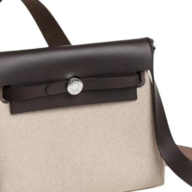 HERMES Холщовая мини-сумка через плечо с кожаными вставками женская эбони — фото 3
