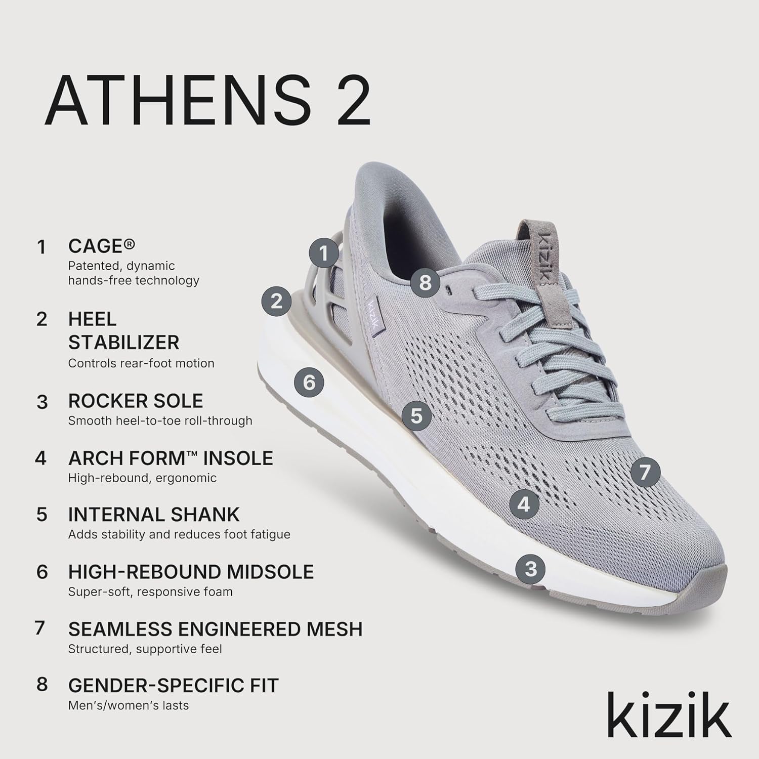 Кроссовки Kizik Slip On: Athens 2 - комфорт для всего дня, удобство без рук, дышащий верх из сетки, мужские прогулочные туфли с поддержкой свода стопы - мужская широкая полнота, Alloy — фото 3