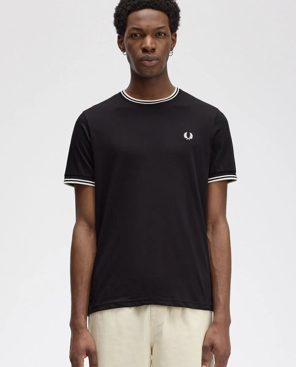 

Мужская футболка с коротким рукавом и отделкой с двумя полосками Fred Perry, черный/белый