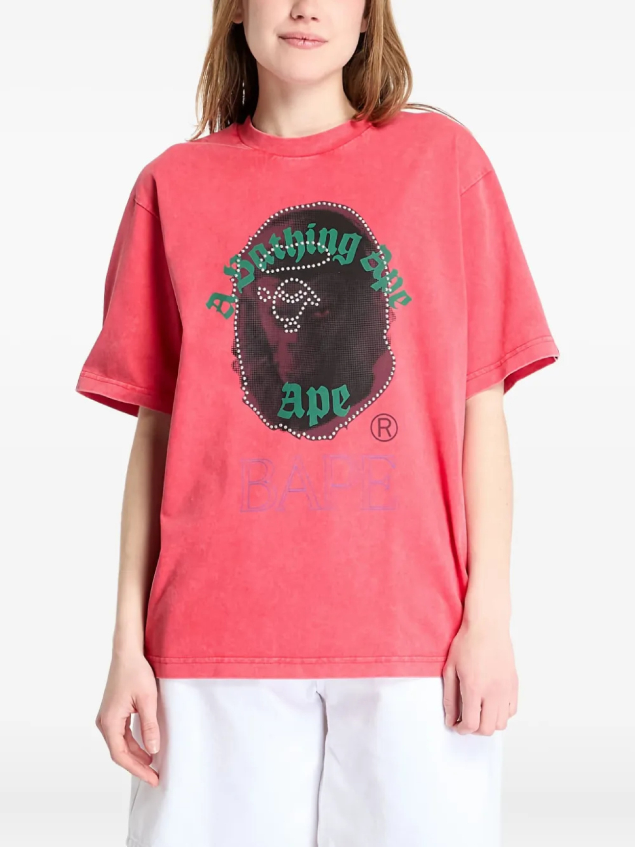 

Футболка с изображением головы обезьяны BATHING APE, украшенная стразами A Bathing Ape, красный