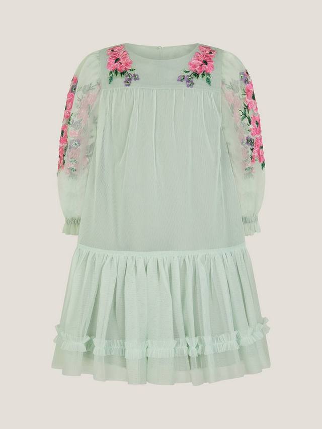

Детское платье для праздника из тюля с вышивкой пионами Monsoon, Sage