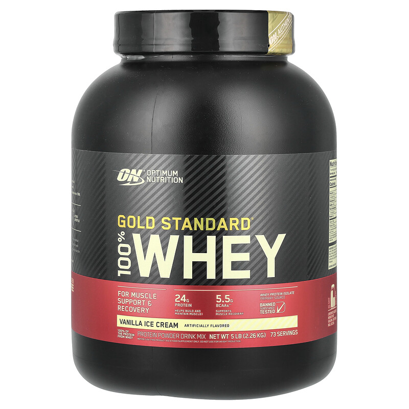 

Optimum Nutrition, Gold Standard 100% Whey, сывороточный протеин, со вкусом ванильного мороженого, 2,26 кг (5 фунтов)