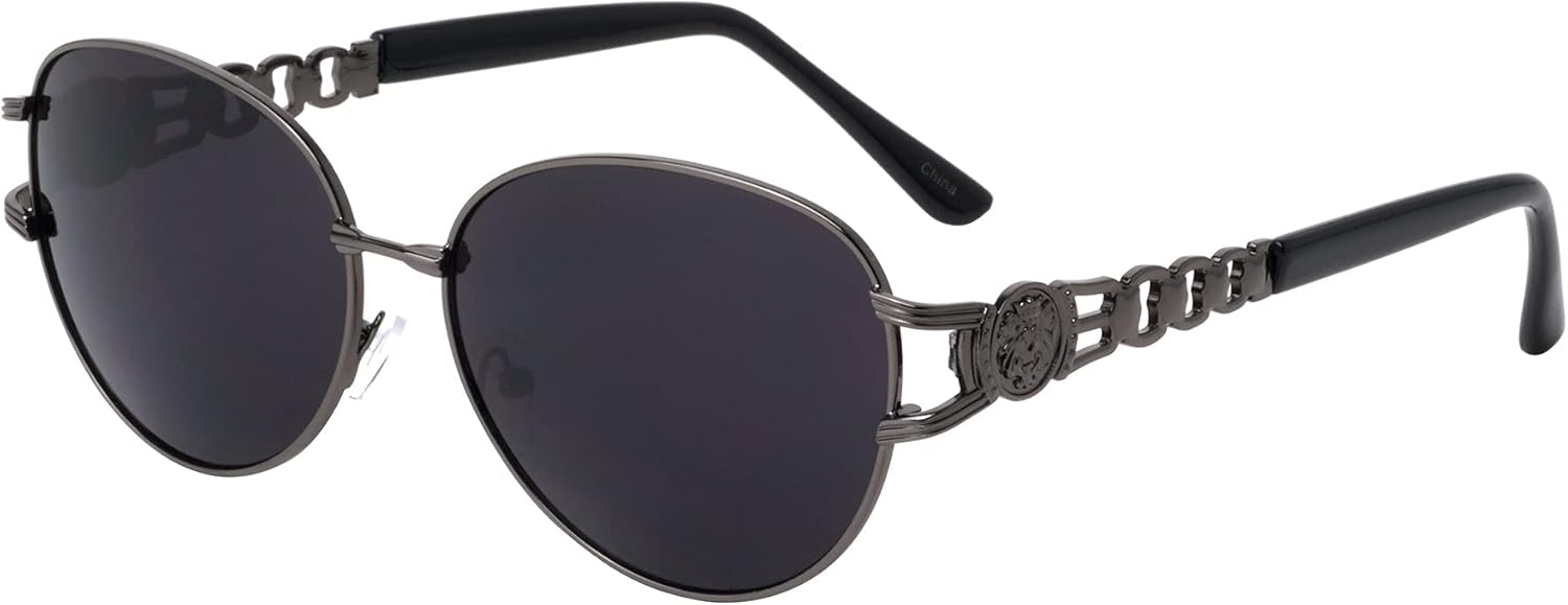 

Kleo Dynasty - Овальные солнцезащитные очки в стиле хип-хоп с металлическими цепочками на дужках, вырезами по бокам, медальоном в виде головы льва и монетой, Black Gunmetal