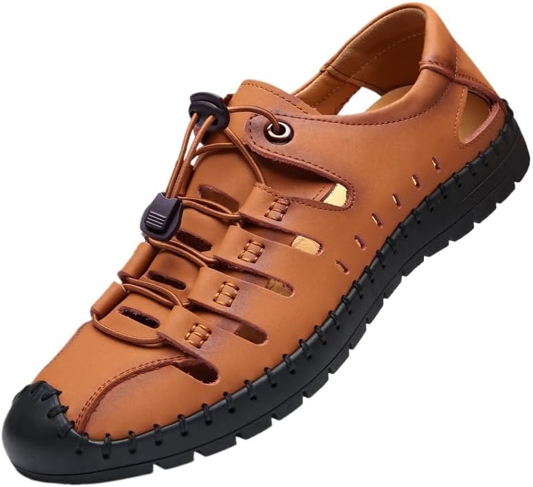 

Мужские летние повседневные кожаные сандалии с закрытым носком, рыбацкие регулируемые пляжные туфли Hhhchpm, коричневый