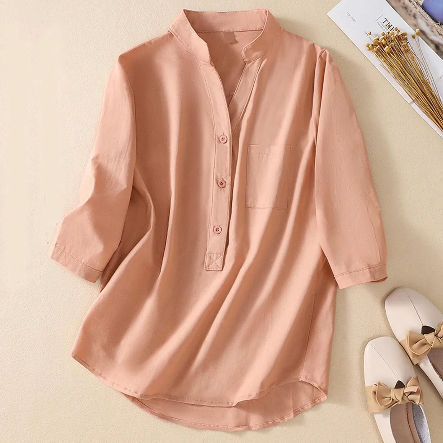 Блуза с воротником-стойкой, свободная, Cotton and Linen, красный — фото 2