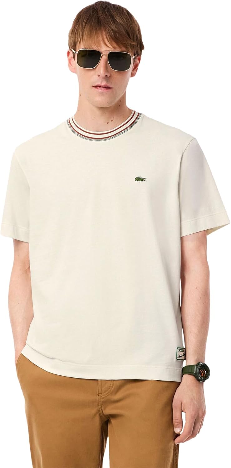 

Мужская повседневная футболка Lacoste с ребристым воротником и каймой в стиле «Французская горничная», светло-бежевый