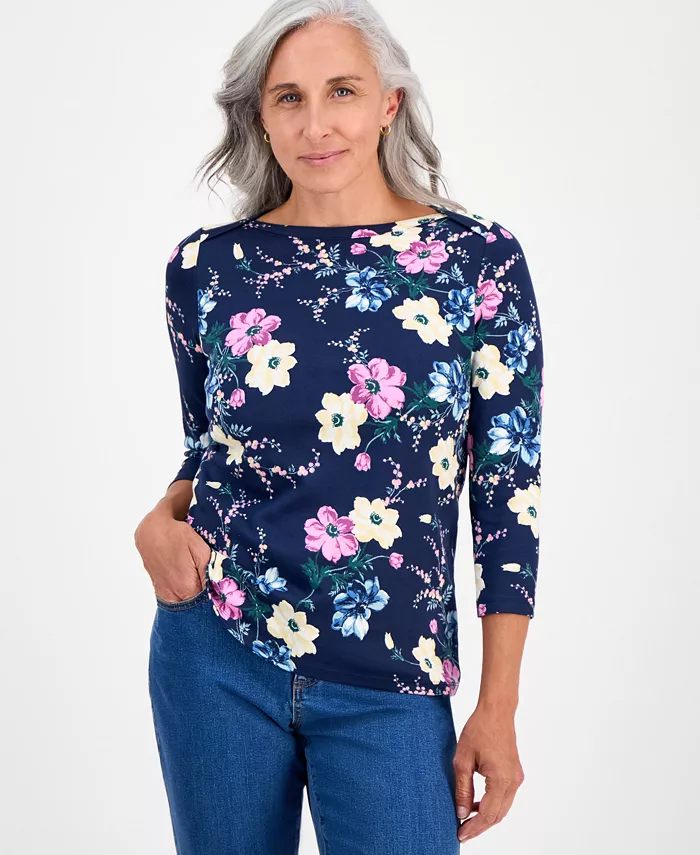 

Маленькая хлопковая блузка с цветочным принтом и рукавом 3/4 с лодочкой Style & Co, синий