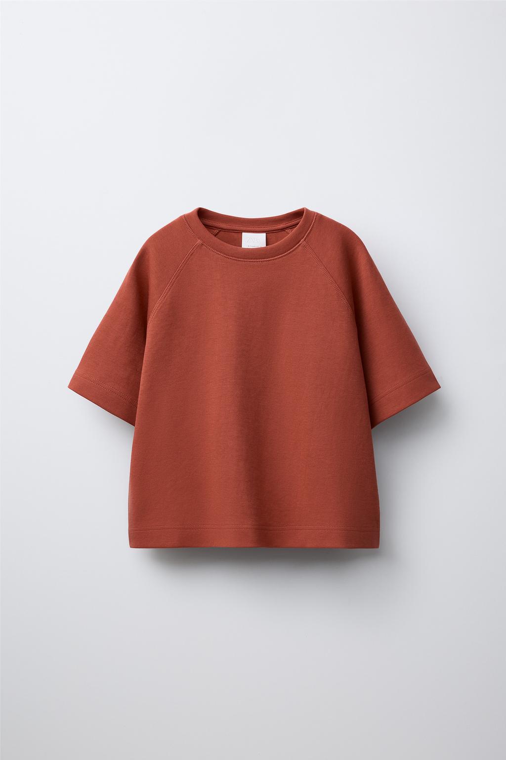 

Однотонная футболка с замком ZARA, цвет Brick