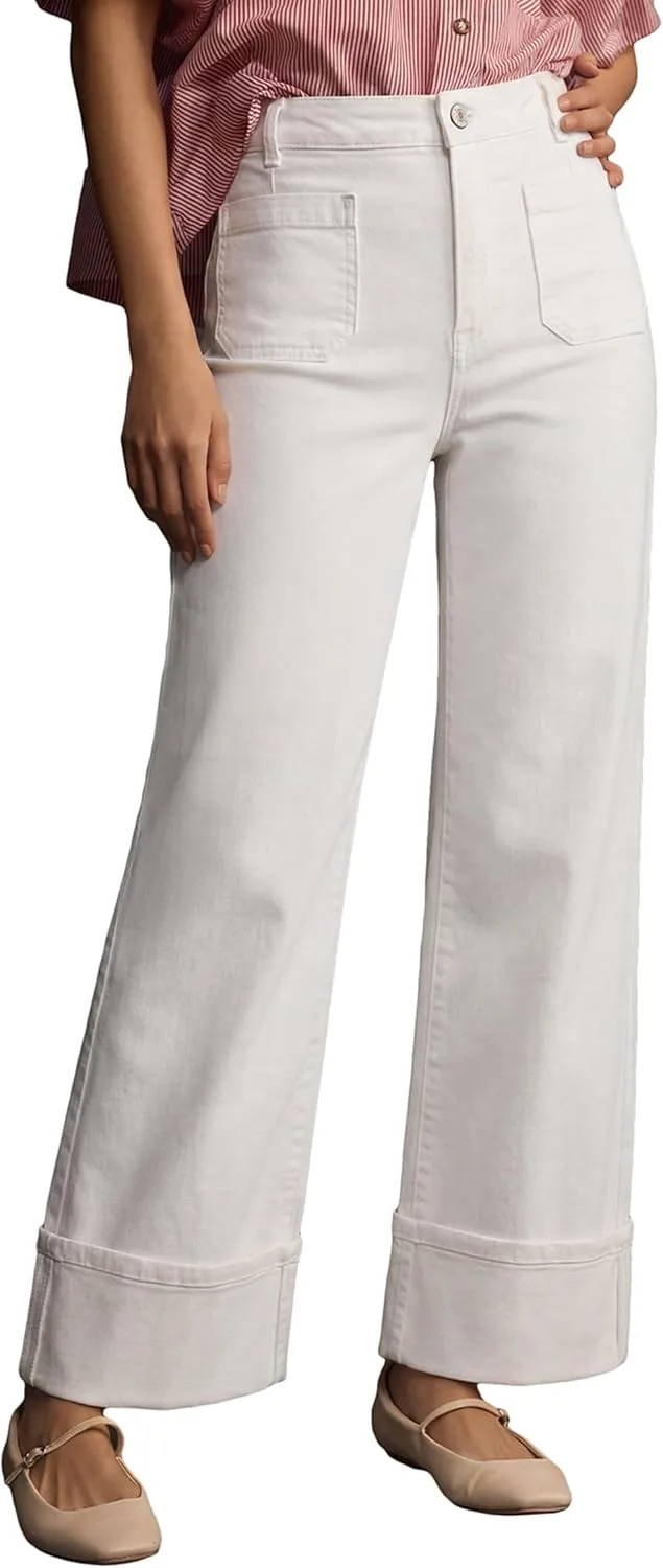 

Urchics Women High Waisted Cuffed Wide Leg Jeans с передними накладными карманами